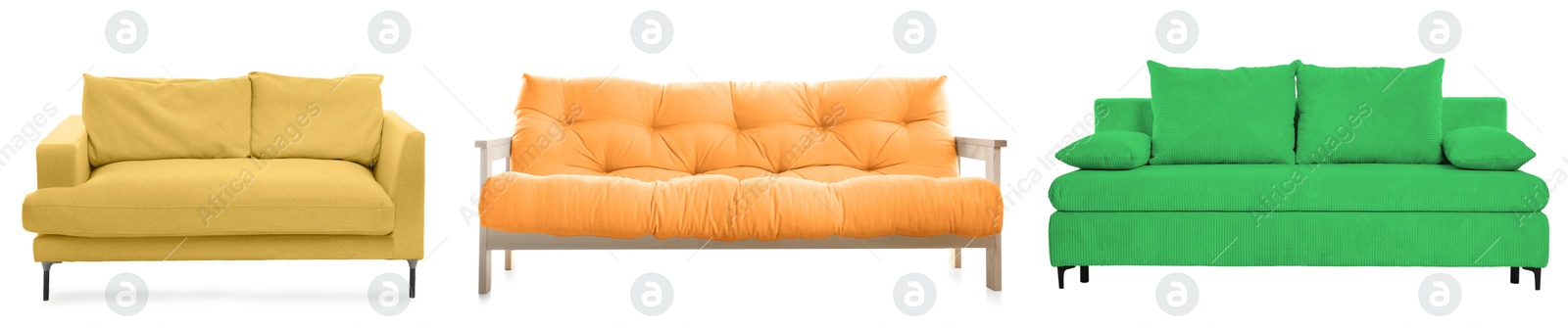 Different colorful sofas isolated on white, set. Furniture for living room interior Image of Different colorful sofas isolated on white, set. Furniture for living room interior