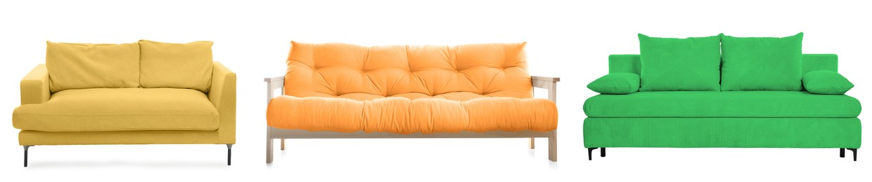 Image of Different colorful sofas isolated on white, set. Furniture for living room interior