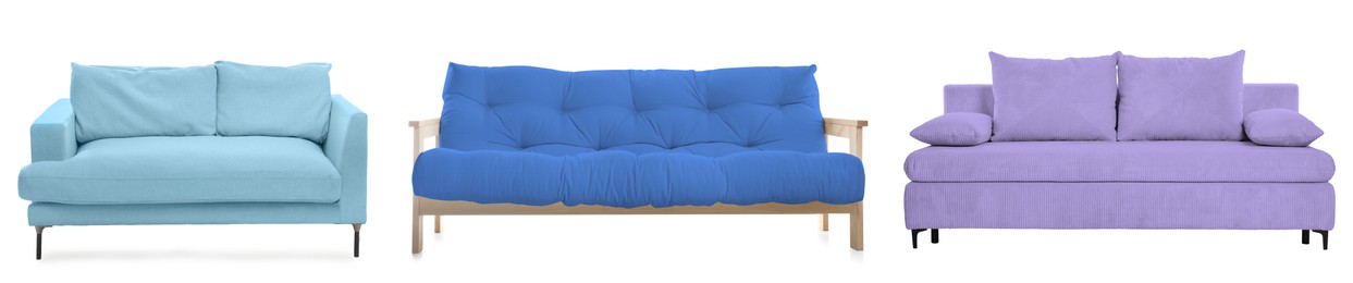Image of Different colorful sofas isolated on white, set. Furniture for living room interior