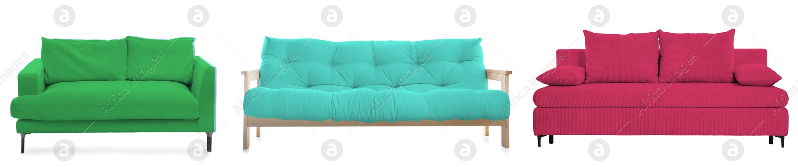 Different colorful sofas isolated on white, set. Furniture for living room interior Image of Different colorful sofas isolated on white, set. Furniture for living room interior