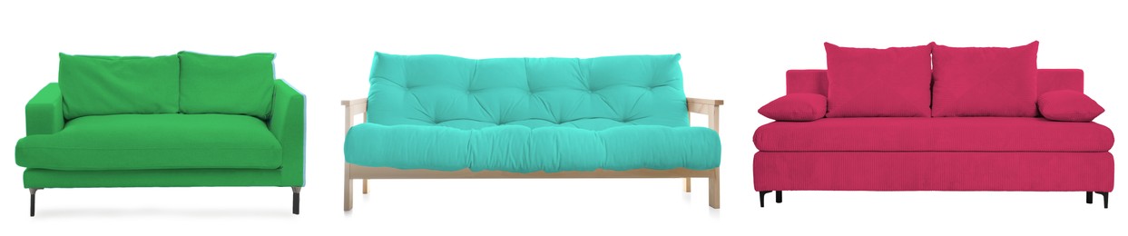 Image of Different colorful sofas isolated on white, set. Furniture for living room interior