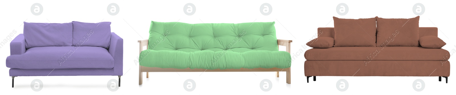 Different colorful sofas isolated on white, set. Furniture for living room interior Image of Different colorful sofas isolated on white, set. Furniture for living room interior