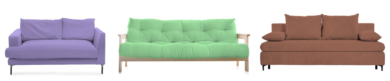 Image of Different colorful sofas isolated on white, set. Furniture for living room interior