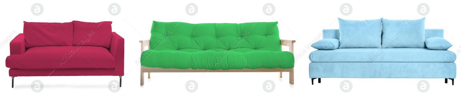 Different colorful sofas isolated on white, set. Furniture for living room interior Image of Different colorful sofas isolated on white, set. Furniture for living room interior