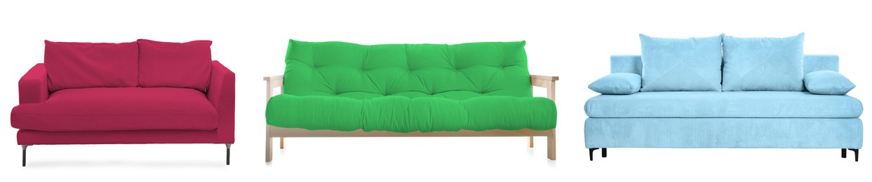 Image of Different colorful sofas isolated on white, set. Furniture for living room interior