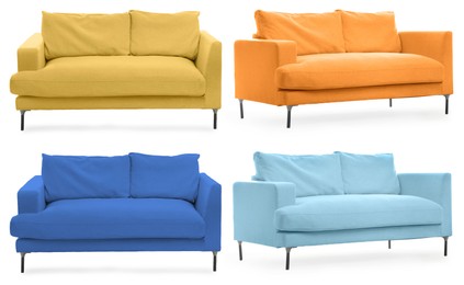 Image of Sofa in different colors isolated on white, set. Furniture for living room interior