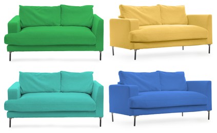 Image of Sofa in different colors isolated on white, set. Furniture for living room interior