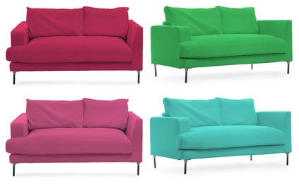 Image of Sofa in different colors isolated on white, set. Furniture for living room interior