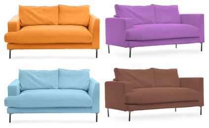Image of Sofa in different colors isolated on white, set. Furniture for living room interior