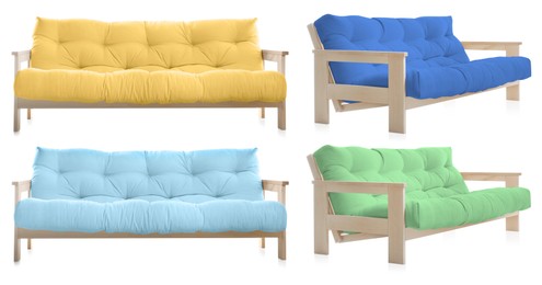 Image of Sofa in different colors isolated on white, set. Furniture for living room interior