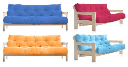 Image of Sofa in different colors isolated on white, set. Furniture for living room interior