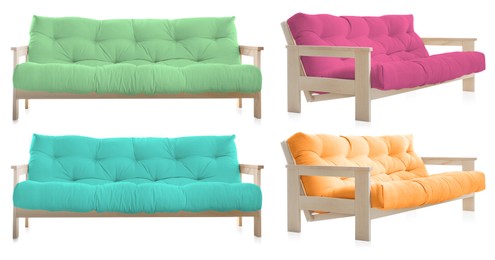 Image of Sofa in different colors isolated on white, set. Furniture for living room interior
