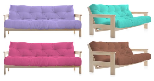 Image of Sofa in different colors isolated on white, set. Furniture for living room interior