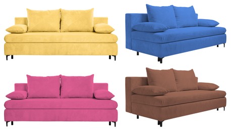 Image of Sofa in different colors isolated on white, set. Furniture for living room interior