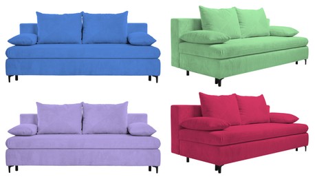 Image of Sofa in different colors isolated on white, set. Furniture for living room interior