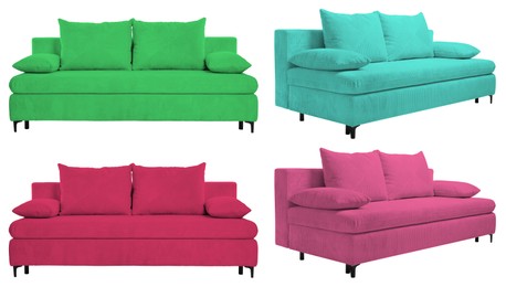 Image of Sofa in different colors isolated on white, set. Furniture for living room interior