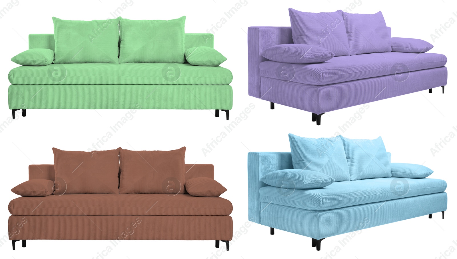 Sofa in different colors isolated on white, set. Furniture for living room interior Image of Sofa in different colors isolated on white, set. Furniture for living room interior