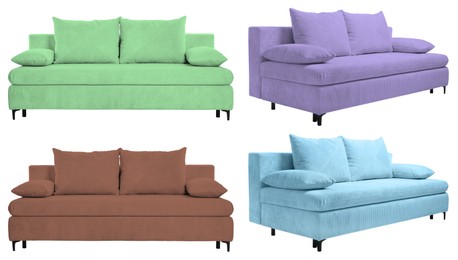 Image of Sofa in different colors isolated on white, set. Furniture for living room interior