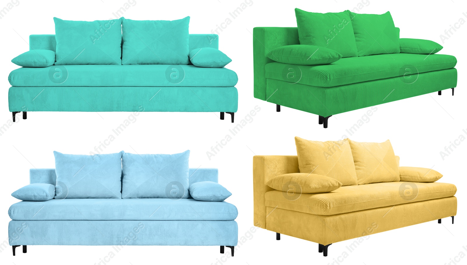 Sofa in different colors isolated on white, set. Furniture for living room interior Image of Sofa in different colors isolated on white, set. Furniture for living room interior