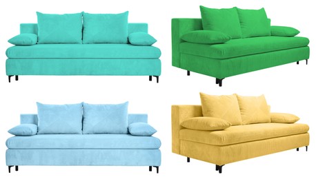 Image of Sofa in different colors isolated on white, set. Furniture for living room interior