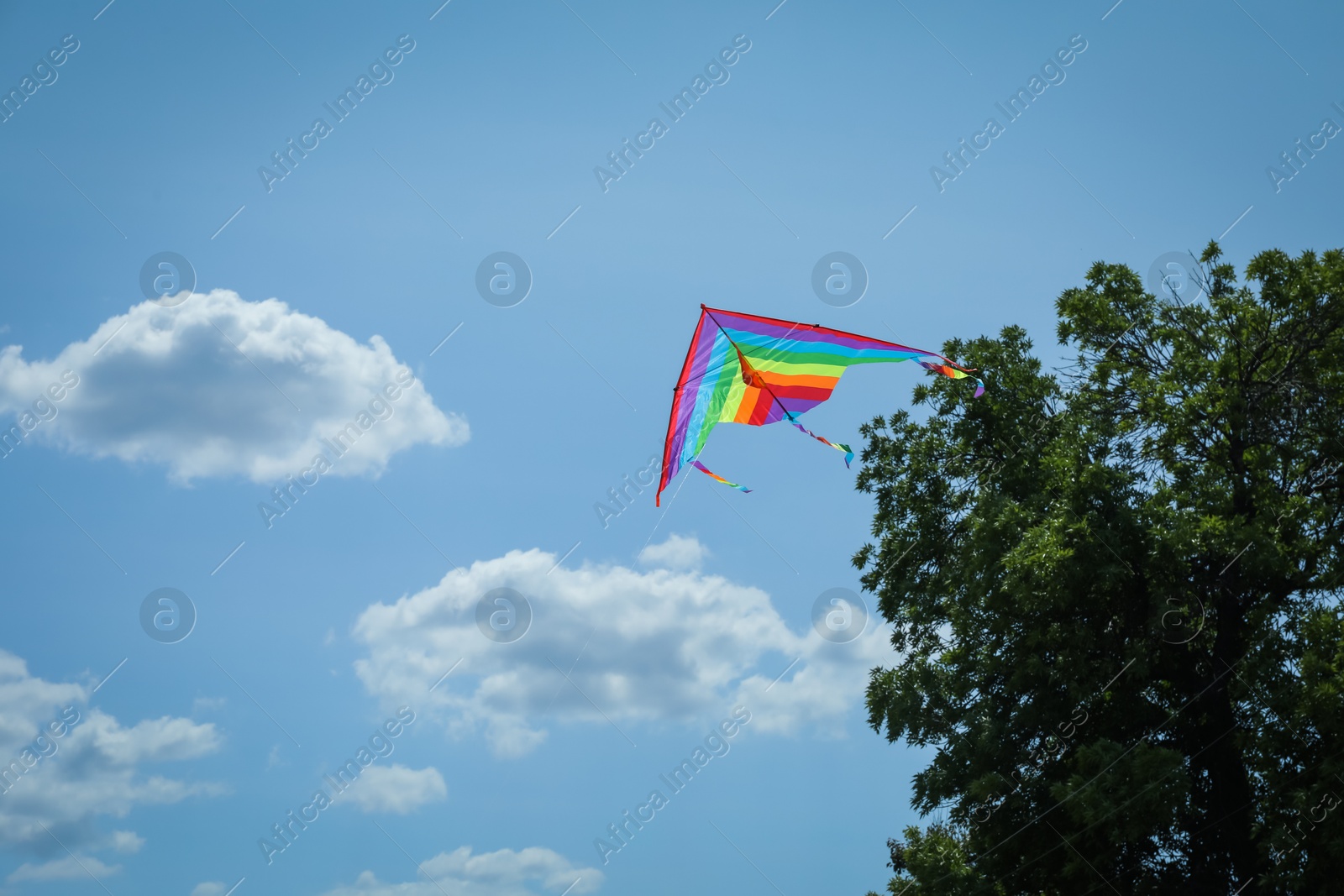 Colorful kite flying in blue sky, low angle view. Space for text Photo of Colorful kite flying in blue sky, low angle view. Space for text