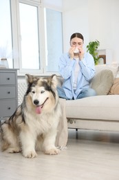 Photo of Woman suffering from allergy with her dog at home
