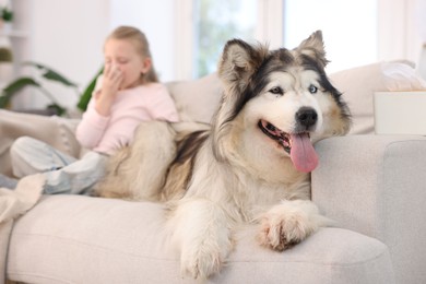 Photo of Girl suffering from allergy with her dog at home, selective focus