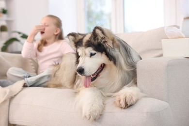 Photo of Girl suffering from allergy with her dog at home, selective focus