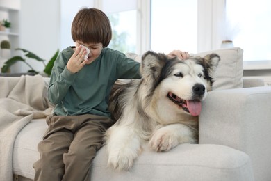 Photo of Boy suffering from allergy with her dog on sofa at home