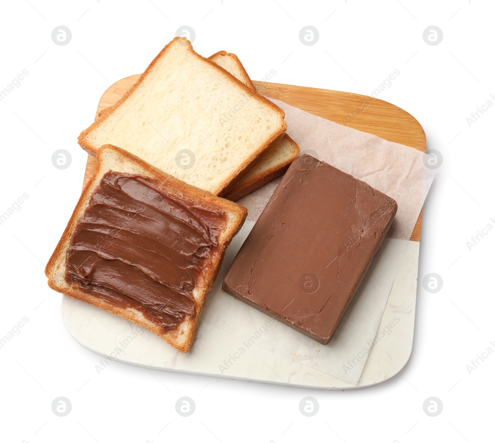 Sandwiches with chocolate butter isolated on white, top view Photo of Sandwiches with chocolate butter isolated on white, top view