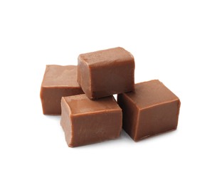 Photo of Pieces of tasty chocolate butter isolated on white