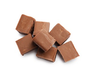 Photo of Pieces of tasty chocolate butter isolated on white, top view