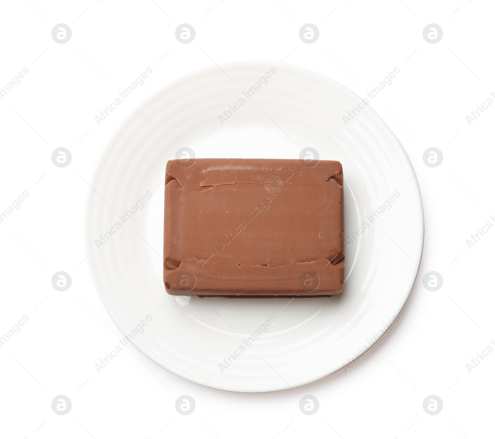 Block of tasty chocolate butter isolated on white, top view Photo of Block of tasty chocolate butter isolated on white, top view