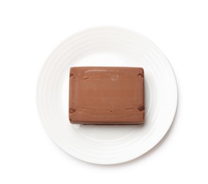 Photo of Block of tasty chocolate butter isolated on white, top view