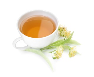Photo of Tasty linden tea in cup, leaves and flowers isolated on white