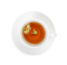 Photo of Tasty linden tea in cup, leaves and flowers isolated on white, top view