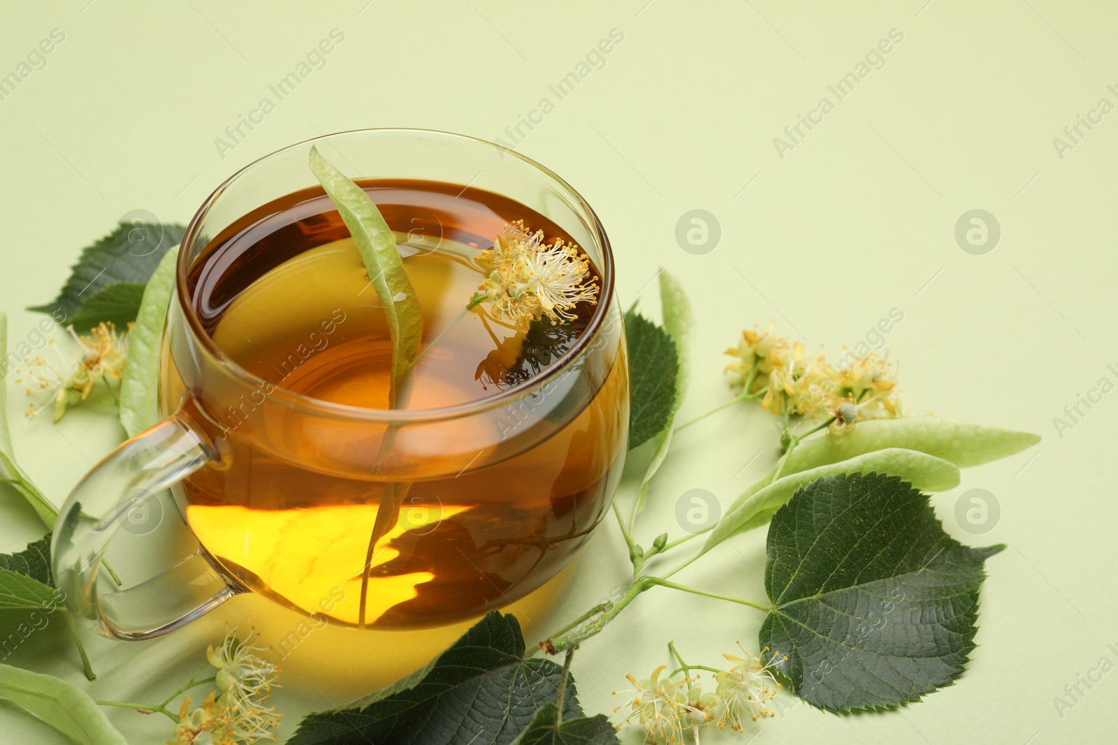 Tasty linden tea in cup, leaves and flowers on light green background, closeup Photo of Tasty linden tea in cup, leaves and flowers on light green background, closeup