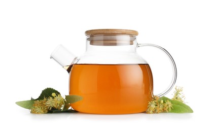 Photo of Tasty linden tea in teapot, leaves and flowers isolated on white