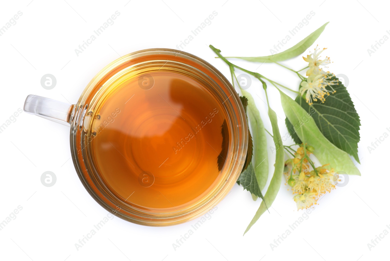 Tasty linden tea in cup, leaves and flowers isolated on white, top view Photo of Tasty linden tea in cup, leaves and flowers isolated on white, top view