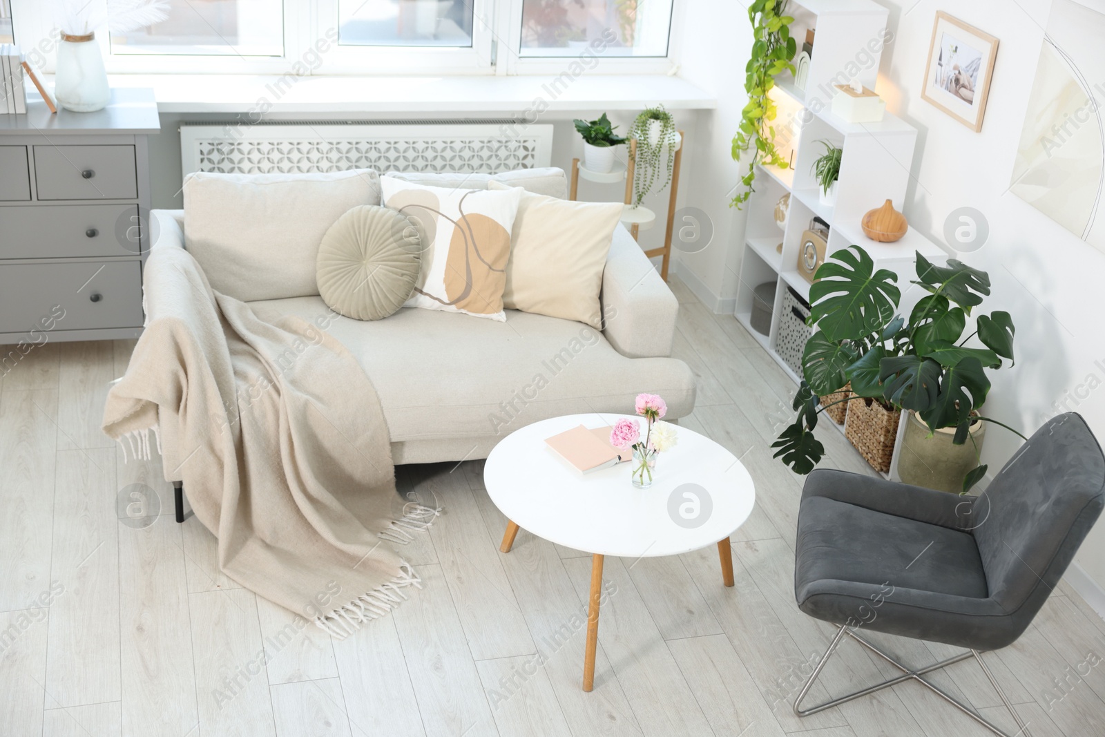 Comfortable sofa with coffee table and armchair in room, above view Photo of Comfortable sofa with coffee table and armchair in room, above view