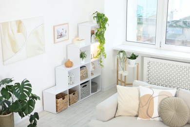 Photo of Shelving unit with decor and plants in stylish room, above view