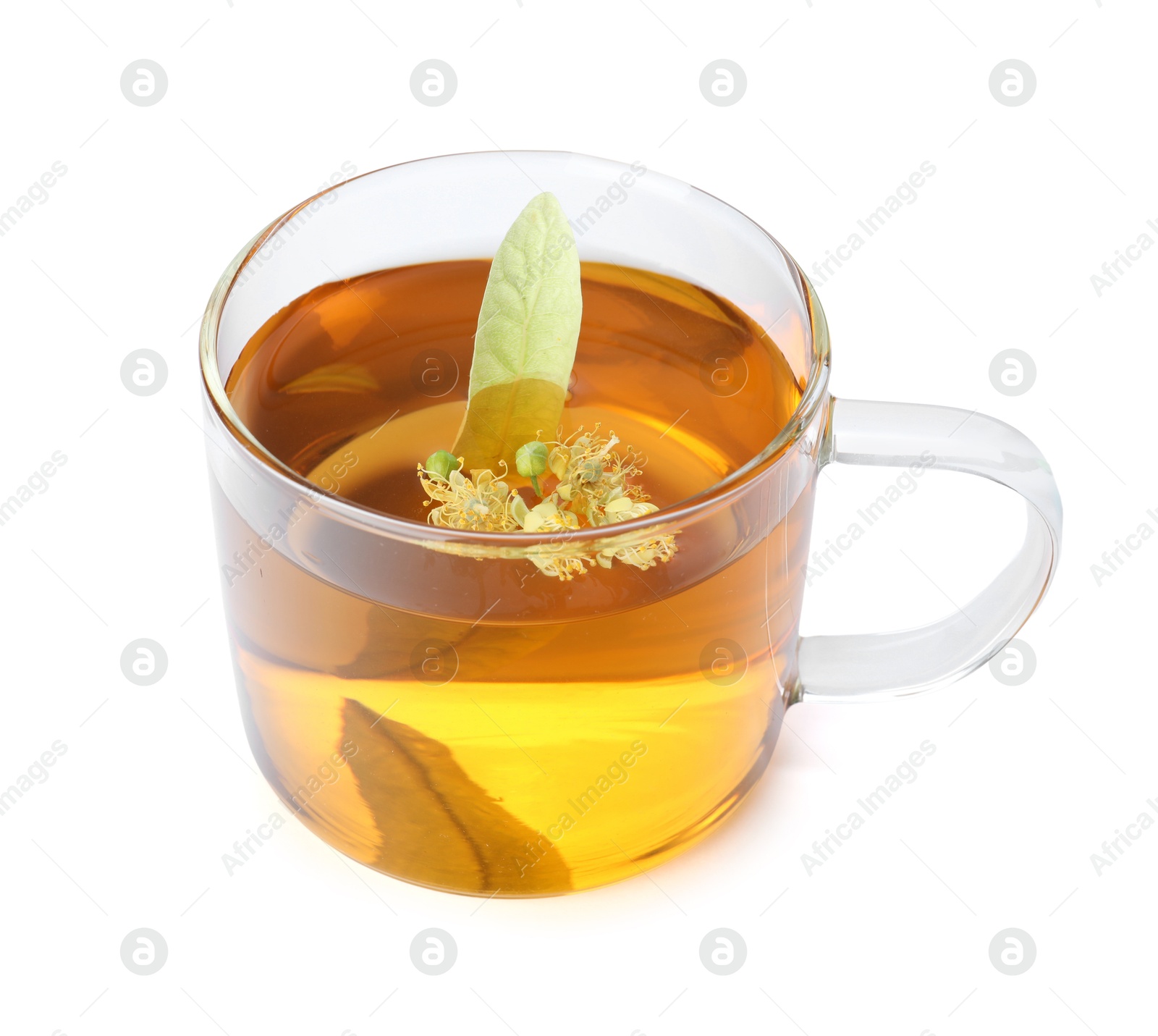 Tasty linden tea in cup, leaves and flowers isolated on white Photo of Tasty linden tea in cup, leaves and flowers isolated on white