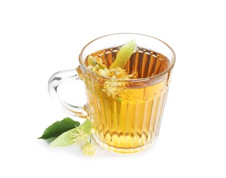Photo of Tasty linden tea in cup, leaves and flowers isolated on white