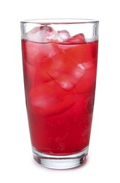 Photo of Tasty cherry soda water with ice cubes isolated on white