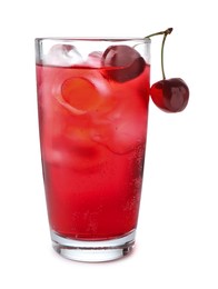 Photo of Tasty cherry soda water with ice cubes and berries isolated on white