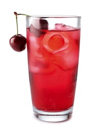 Photo of Tasty cherry soda water with ice cubes and berries isolated on white