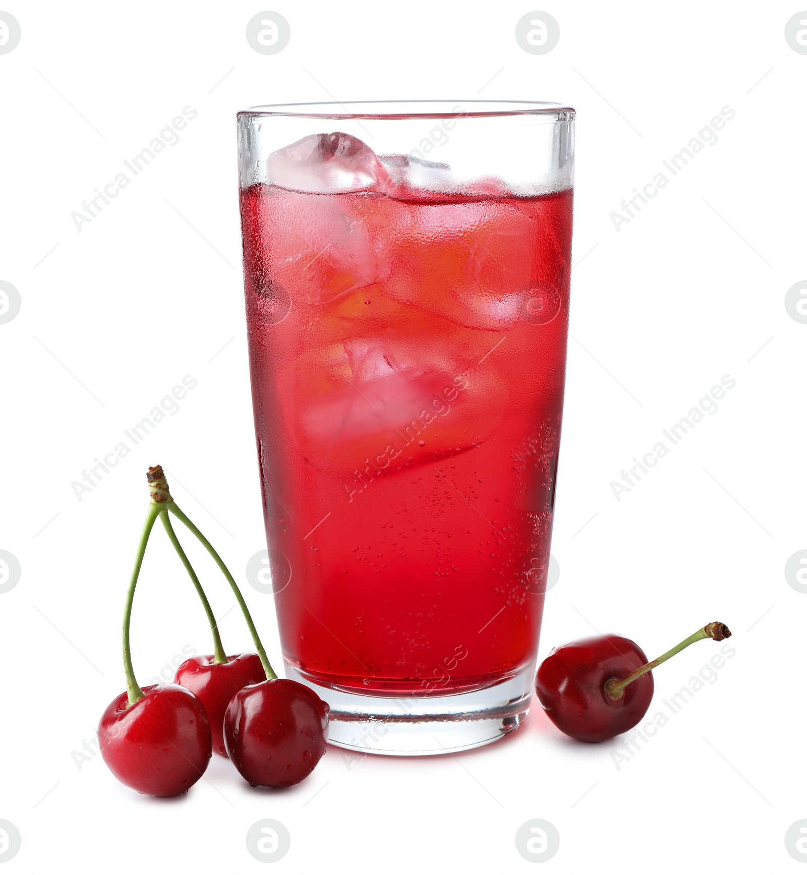Tasty cherry soda water with ice cubes and berries isolated on white Photo of Tasty cherry soda water with ice cubes and berries isolated on white