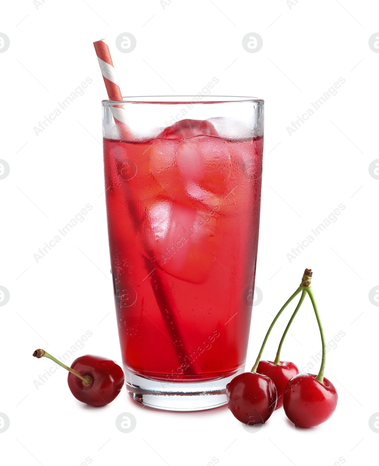 Tasty cherry soda water with ice cubes and berries isolated on white Photo of Tasty cherry soda water with ice cubes and berries isolated on white