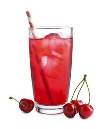 Photo of Tasty cherry soda water with ice cubes and berries isolated on white