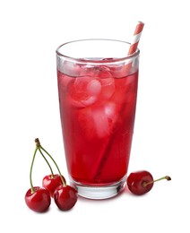 Photo of Tasty cherry soda water with ice cubes and berries isolated on white